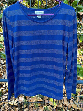 Vintage Liz Claiborne Blue Silver Striped Long Sleeve Shirt Women’s Size L 90s